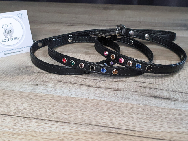 Laisse et collier Noir Strass multi couleurs *Mini chien* - Fait main