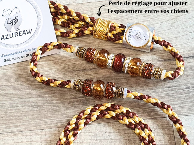 Laisse expos Double CHOCOLAT DORÉ pour un duo de +25kg - Perle de réglage - Fait main
