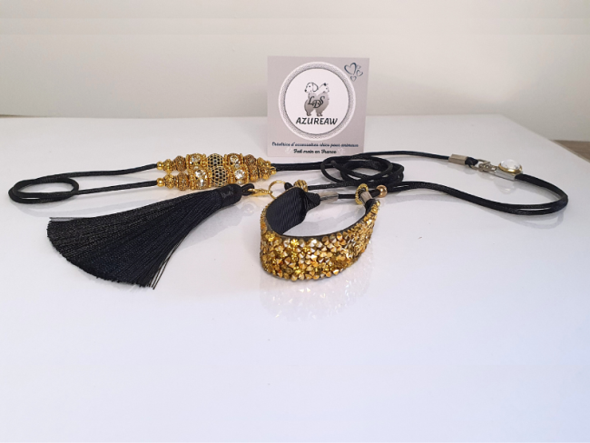 Laisse expositions canines Luxe NOIR DORÉ pour mini chien - Fait main