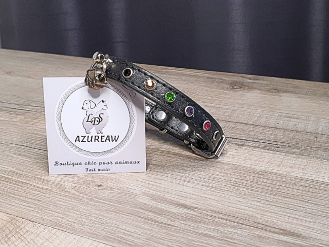 Laisse et collier Noir Strass multi couleurs *Mini chien* - Fait main