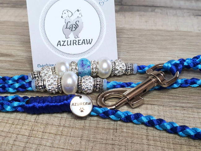 Laisse mousqueton OCÉAN PERLÉ, Marine & Turquoise - Fait main