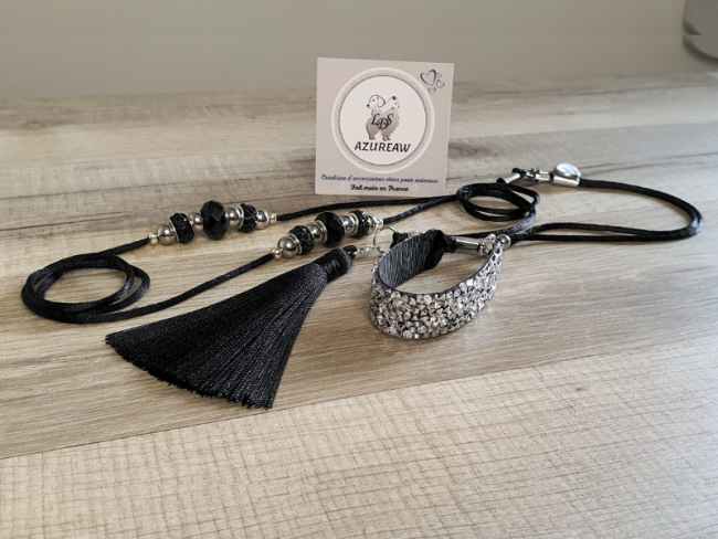 Laisse expositions canines Luxe NOIR ARGENTÉ pour mini chien - Fait main
