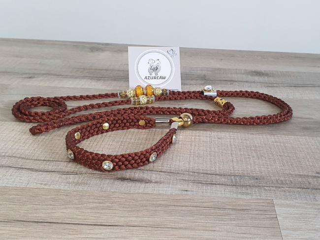 Laisse expositions canines LUXE NOISETTE DORÉE avec poignée pour grand chien - Fait main