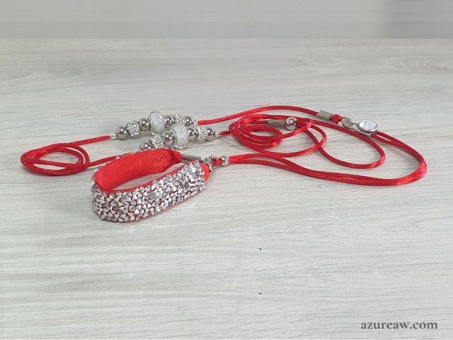Laisse d’exposition Rouge argentée en cordon de satin avec perles, sous-gorge pailleté et une poignée – Azureaw Laisse d’exposition en cordon de satin rouge, perles argentées, sous-gorge pailleté et une poignée. – Azureaw