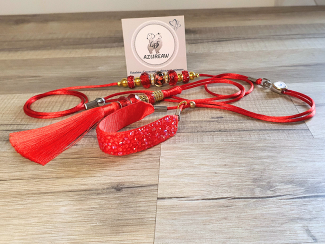 Laisse expositions canines Luxe ROUGE PAILLETÉ avec poignée et pompon pour mini chient - Fait main