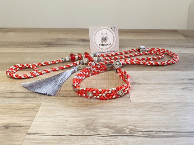 Laisse expositions canines LUXE CRISTAL ROUGE avec pompon  (rouge argenté) pour grand chien - Fait main