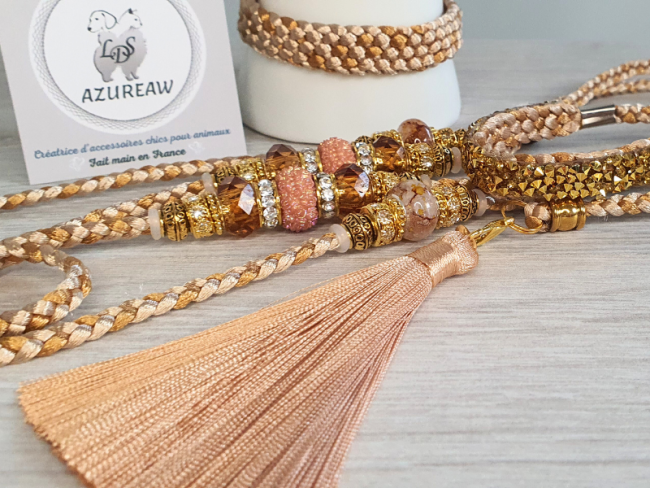 Laisse luxe expositions canines Champagne & Caramel pailleté doré et son bracelet assorti - Fait main 