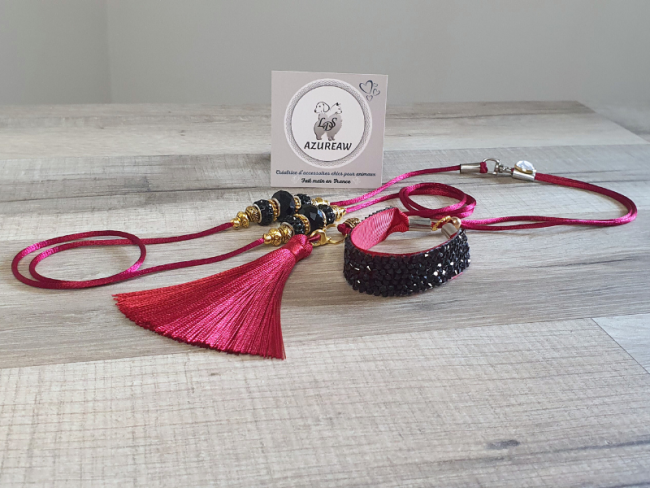 Laisse expositions  canines LUXE pour mini chien - BORDEAUX NOIR PAILLETÉ - Fait main