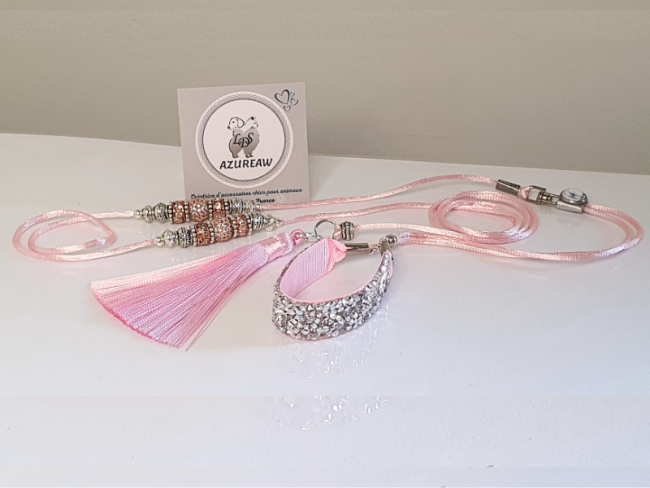 Laisse expositions canines Luxe ROSE BÉBÉ ARGENTÉ pour mini chien - Fait main Laisse expositions canines Luxe ROSE BÉBÉ ARGENTÉ pour mini chien - Fait main