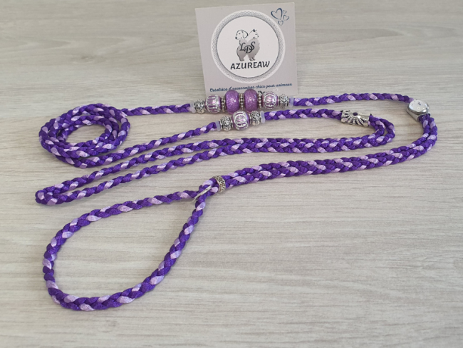 PHOTO 1 Laisse d’exposition Éclat d’Améthyste Azureaw, tressée violet et parme avec perles