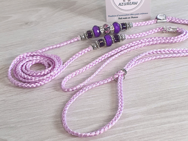 Laisse d’exposition canine Parme élégance Azureaw, parme avec perles, entièrement tressée main.