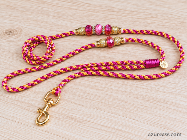 Laisse mousqueton Rose Doré avec perles - Fait main Laisse mousqueton Azureaw Rose Doré avec perles - Fait main