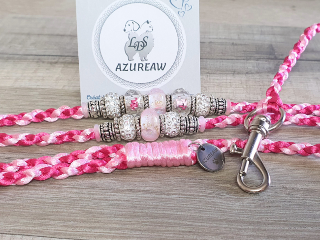 Laisse mousqueton ROSE ÉLÉGANCE, Fuchsia & Rose - Fait main