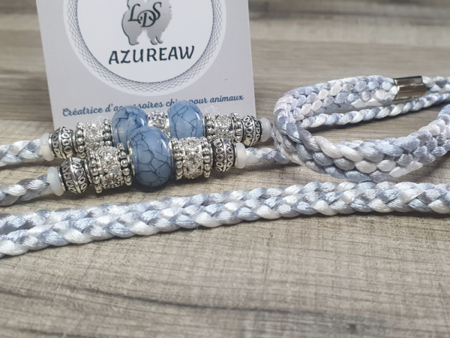 Laisse d'expositions canines GRIS BLEU ARGENTÉ avec sous gorge pour petit/moyen chien - Fait main