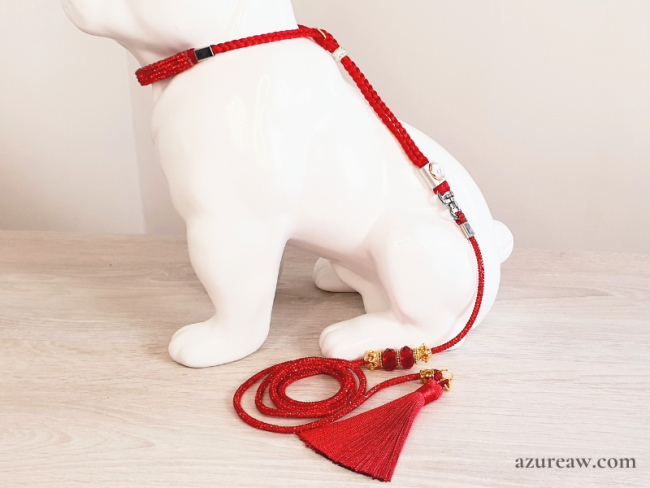Laisse expo rouge scintillante fait main pour petits chiens présentée sur mannequin