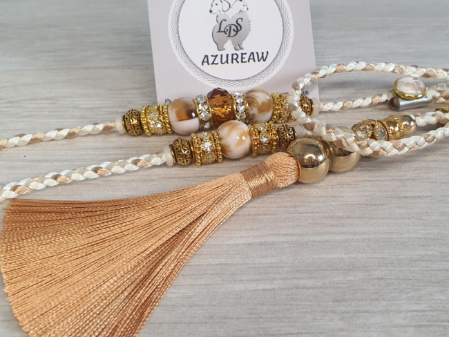 Laisse d’exposition Luxe Ivoire Champagne Azureaw sans sous-gorge,  tressée avec perles champagne dorées et pompon amovible