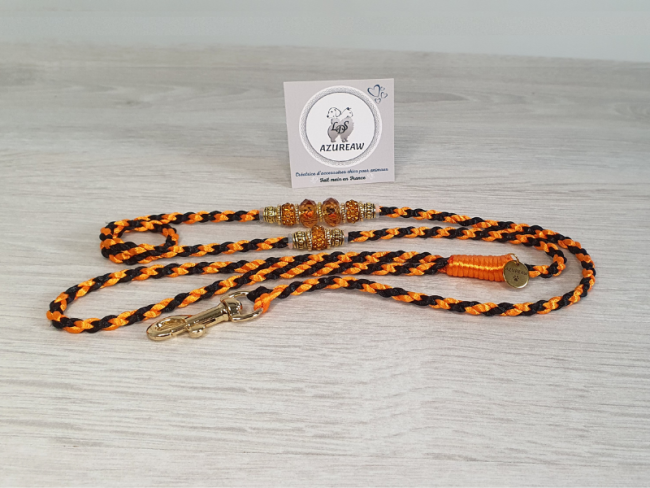 Laisse mousqueton orange et noire Azureaw avec perles champagne et finition dorées