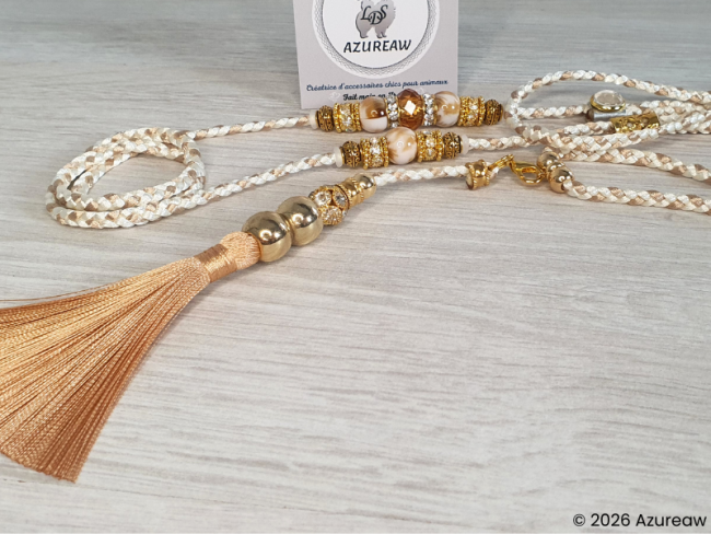 Laisse d’exposition Luxe Ivoire Champagne Azureaw sans sous-gorge,  tressée avec perles champagne dorées et pompon amovible