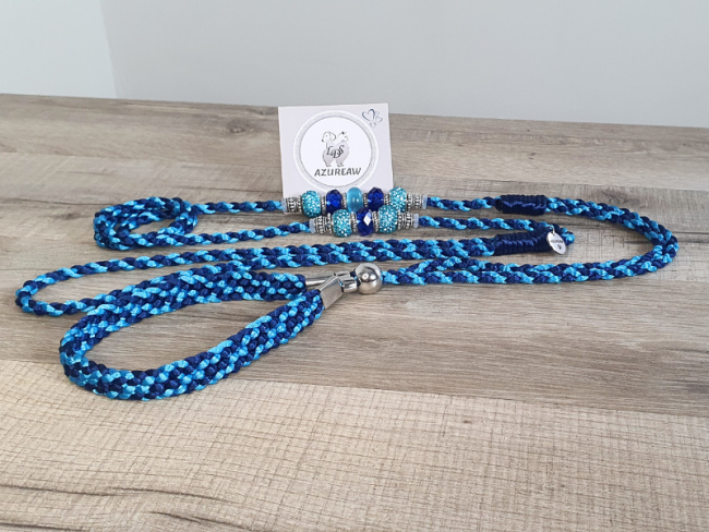 Laisse expositions canines MARINE TURQUOISE avec sous gorge pour grand chien - Fait main Laisse expositions canines MARINE TURQUOISE avec sous gorge pour grand chien - Fait main