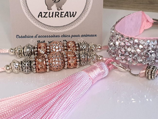 Laisse expositions canines Luxe ROSE BÉBÉ ARGENTÉ pour mini chien - Fait main Laisse expositions canines Luxe ROSE BÉBÉ ARGENTÉ pour mini chien - Fait main