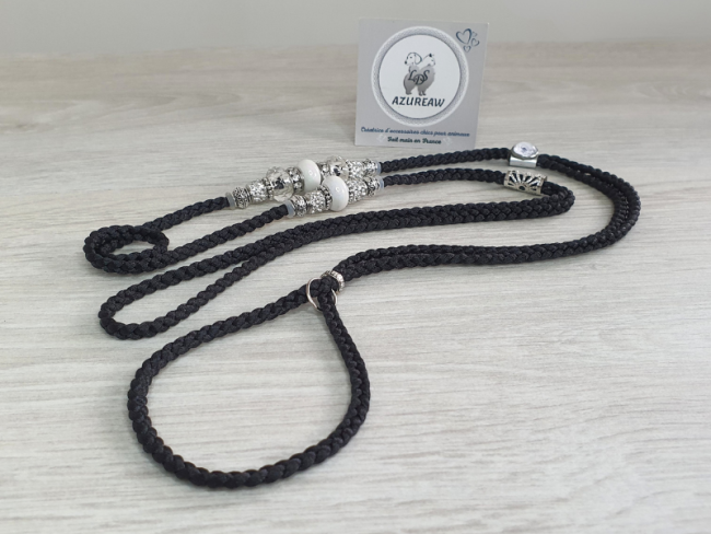 Laisse de présentation noir avec perles cristal et nacrées – Azureaw laisse expo élégante noir et argent pour chien Azureaw