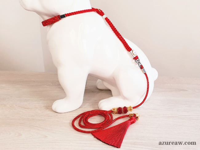 Laisse expo rouge scintillante fait main pour petits chiens présentée sur mannequin