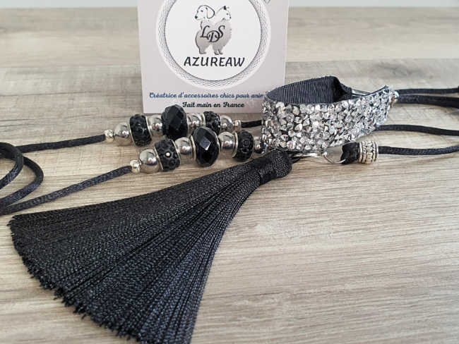 Laisse expositions canines Luxe NOIR ARGENTÉ pour mini chien - Fait main