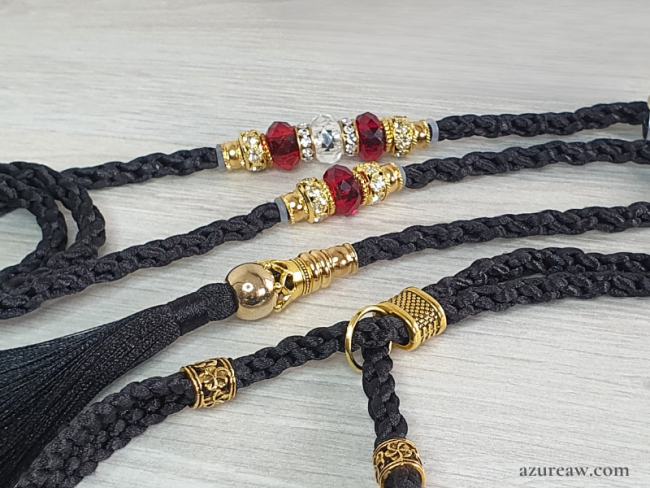 Laisse d’exposition Majesté Rubis noir avec perles, pompon et sous-gorge | Azureaw