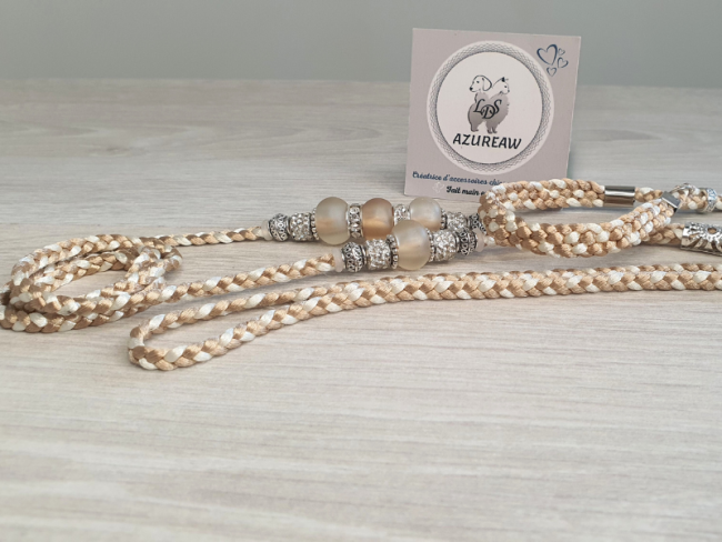 Laisse d’exposition canine Douceur Champagne tressée champagne et ivoire avec perles – Azureaw