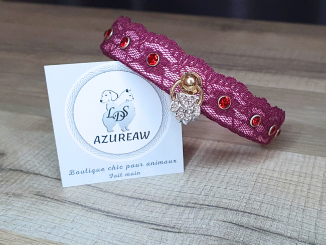 Collier Rose Dentelle Prune *Petit/Moyen chien* pour Balades - Fait main