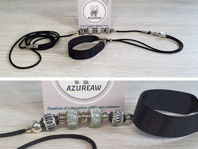 Laisse d’exposition Nuit élégante – Azureaw Laisse d’exposition cordon de satin et sous-gorge noir, perles argentées – Azureaw