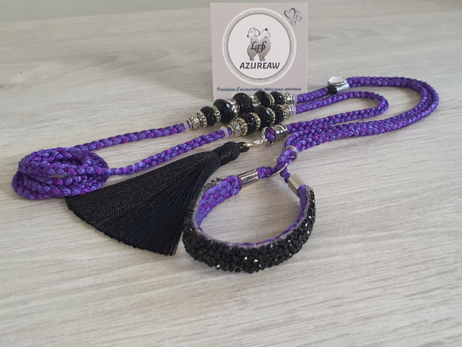 Laisse d’exposition luxe Éclat Nocturne Azureaw tressée violette avec perles noires et pompon noir