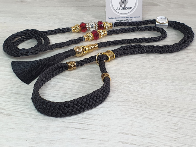 Laisse d’exposition Majesté Rubis noir avec perles, pompon et sous-gorge | Azureaw