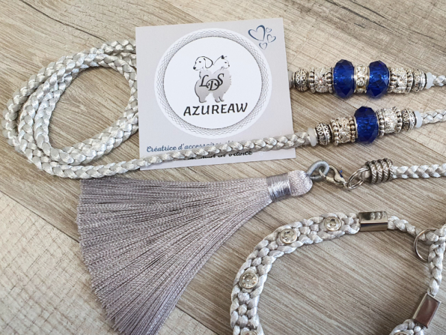Laisse expositions canines LUXE Strass ARGENTÉ MARINE ARGENTÉ MARINE pour petit/moyen chien - Fait main