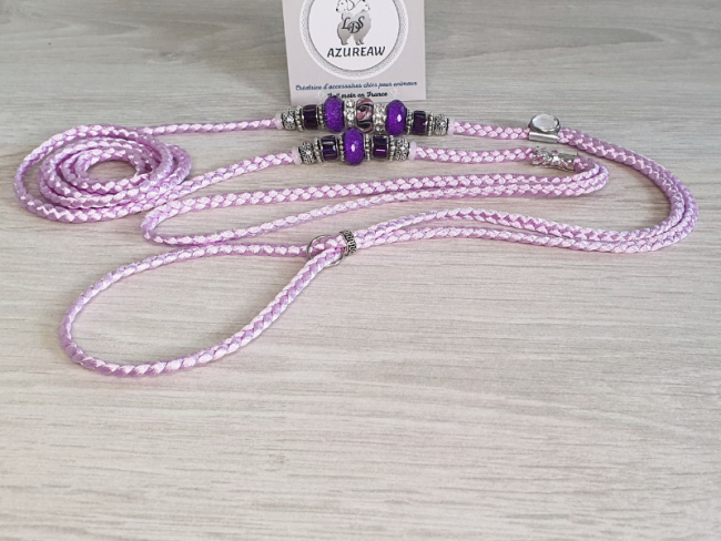 Laisse d’exposition canine Parme élégance Azureaw, parme avec perles, entièrement tressée main.