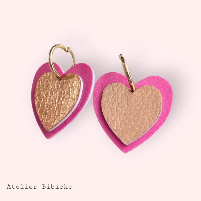Créoles Cœur Rose Fuchsia & Or Bijoux Fait Main Bibiche Créoles Cœur Rose Fuchsia & Or Bijoux Fait Main Bibiche