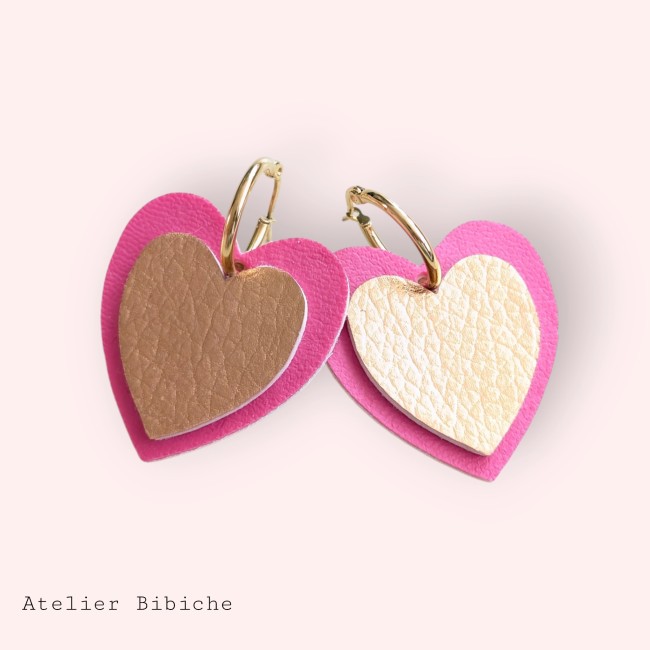Créoles Cœur Rose Fuchsia & Or Bijoux Fait Main Bibiche Créoles Cœur Rose Fuchsia & Or Bijoux Fait Main Bibiche