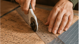 Découpe précise du tissu de liège à l'aide d'un cutter rotatif dans l'atelier Casaval