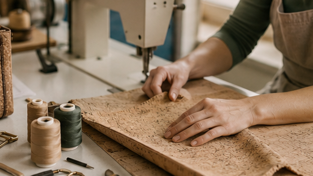 Fabrication artisanale d'une création en tissu de liège dans un atelier français