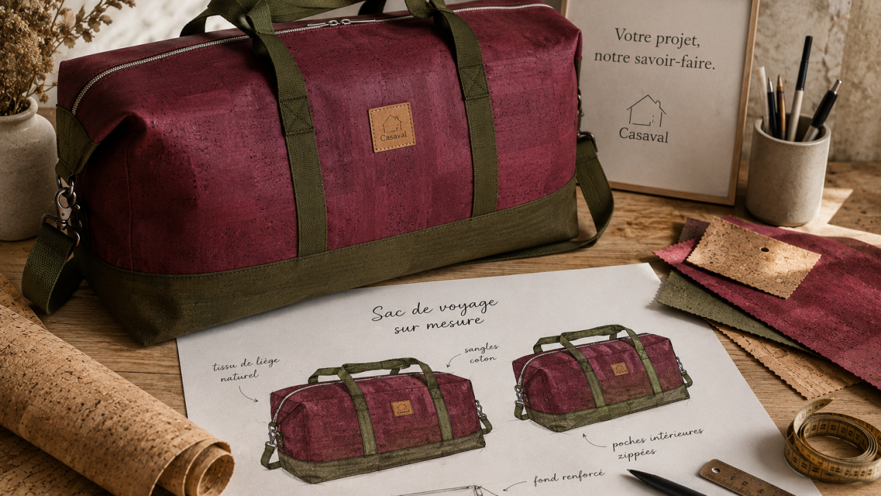 Sac de voyage Casaval en tissu de liège avec croquis de création sur mesure et échantillons de matières
