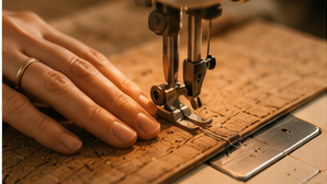 Assemblage artisanal de pièces en tissu de liège à la machine à coudre