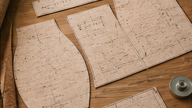 Patrons préparatoires disposés sur une table d'atelier avant la découpe du tissu de liège