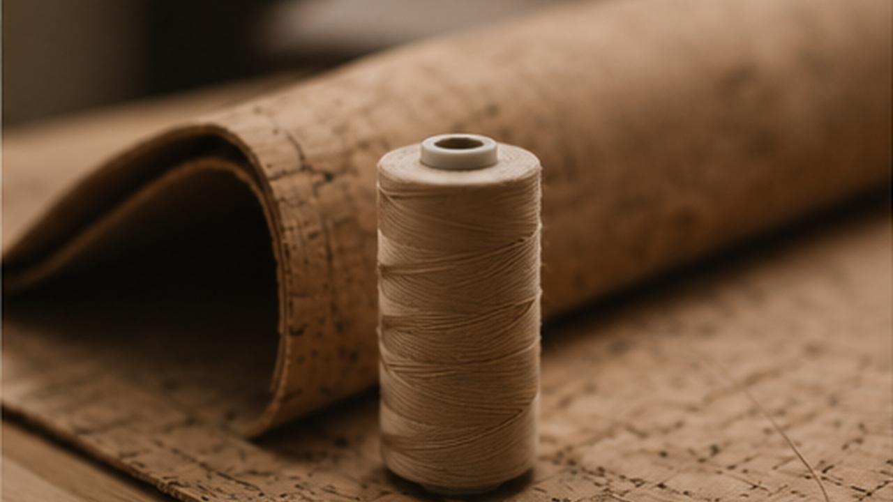 Tissu de liège naturel et bobine de fil illustrant le savoir-faire artisanal