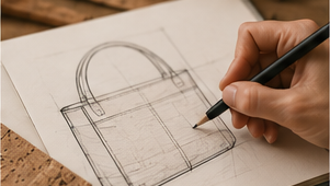 Dessin et croquis préparatoire d'un sac en tissu de liège avant sa fabrication