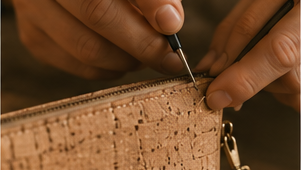 Finition réalisée à la main sur une création artisanale en tissu de liège