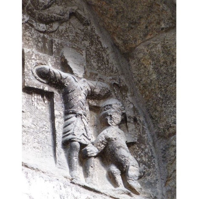 Le mauvais larron : sa jambe est saisie par un diable, qui brandit un croc de boucher au bout de son bras gauche