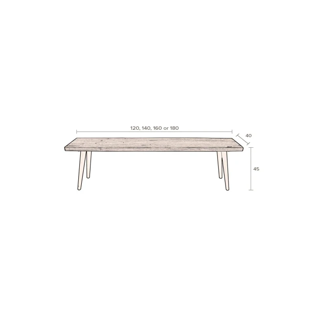 Banc Alagon 180 x 40 cm noyer — Dutchbone. Schéma des dimensions.