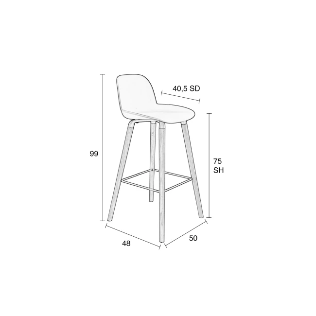 Lot de 2 tabourets de bar Albert Kuip 75 cm blanc — Zuiver. Schéma des dimensions.