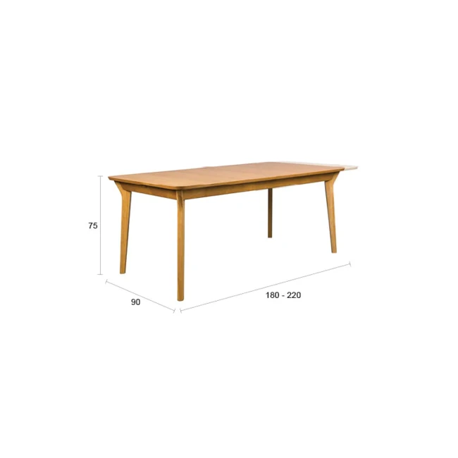 Table de repas Ellen 180/220 cm naturel — Zuiver. Schéma des dimensions.