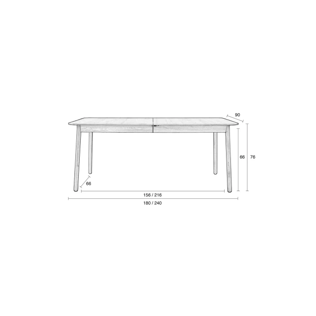 Table de repas Glimps 180/240x90 noyer — Zuiver. Schéma des dimensions.